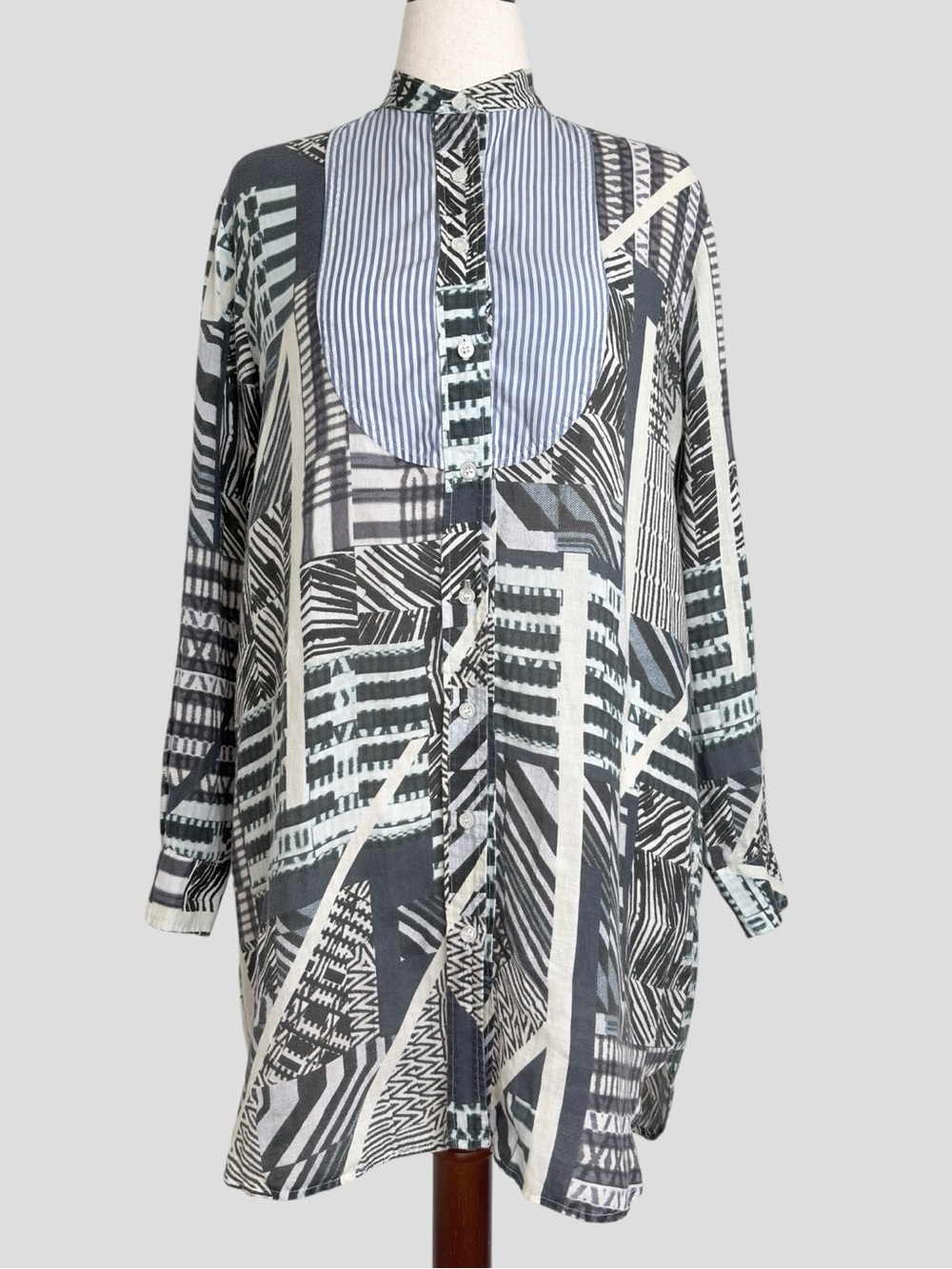 90s KOCH Shirt Dress Patchwork Bib Mixed Print Cotton M Art to Wear Boho Chick